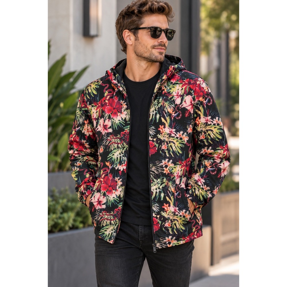 Paisley & Gray Mens Slim Fit Tropical Floral Snake Print Hooded Windbreaker L